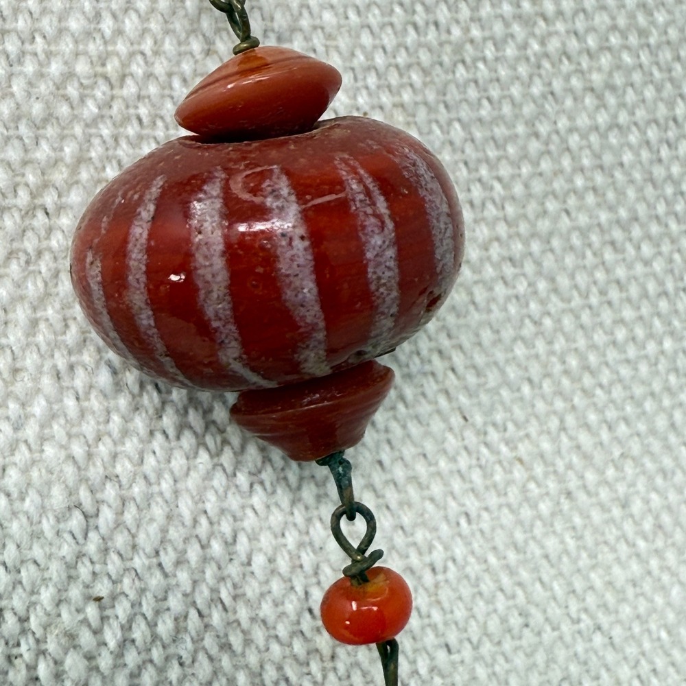 Art Deco Red Glass Bead‎ Flapper Necklace Striped Barrel Lampwork Boho Statement - Picture 5 of 7